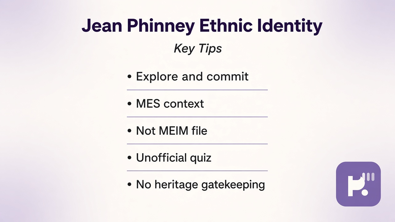 Phinney tips: explore and commit; MES context; not MEIM file; unofficial quiz; no heritage gatekeeping