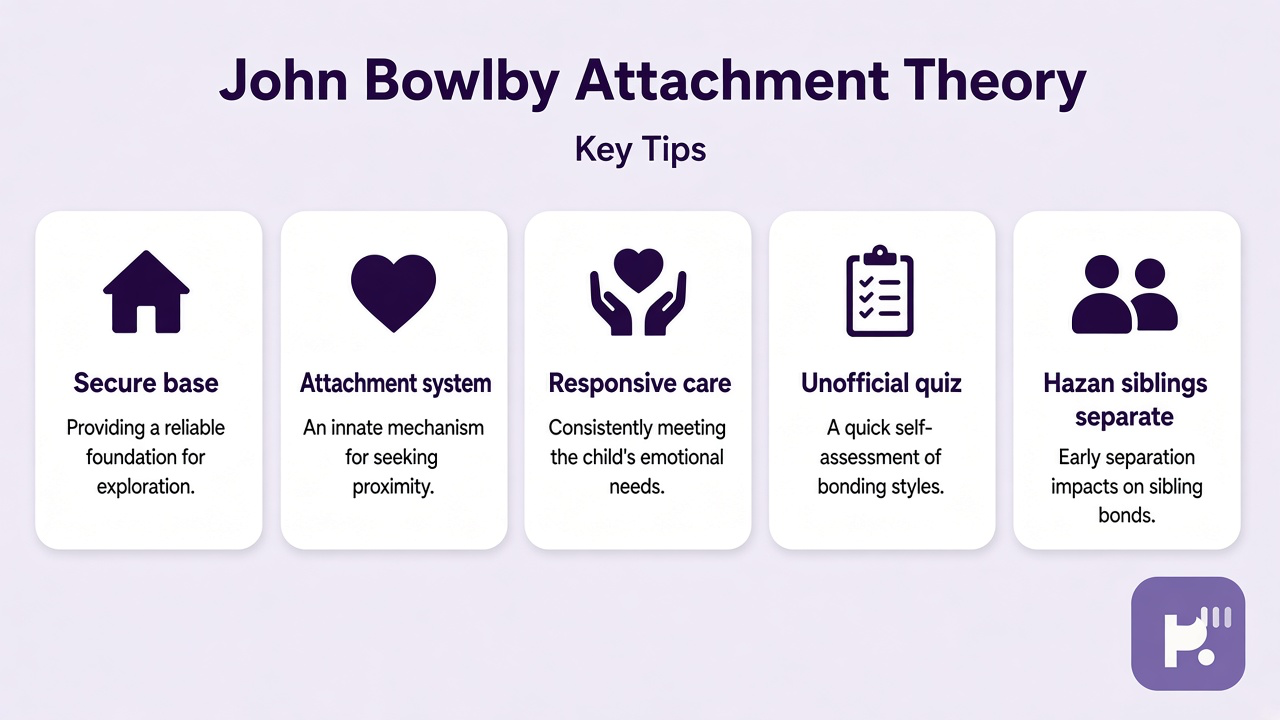 Bowlby tips: secure base; attachment system; responsive care; unofficial quiz; Hazan siblings separate