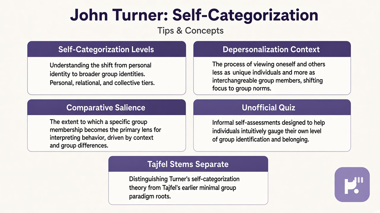 Turner tips: self-categorization levels; depersonalization context; comparative salience; unofficial quiz; Tajfel stems separate