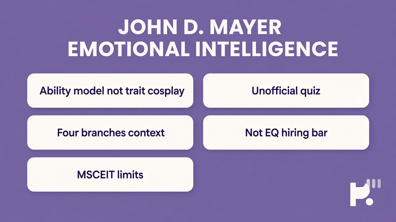 Mayer tips: four-branch ability model; MSCEIT as research; Salovey framing; unofficial quiz; no EQ rank polls