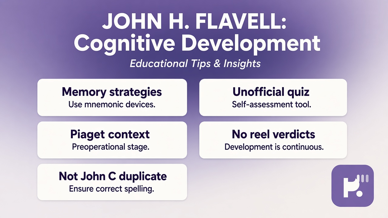 John H Flavell tips: cognitive classics; memory strategies; Piaget-era context; unofficial quiz; not ToM duplicate stems