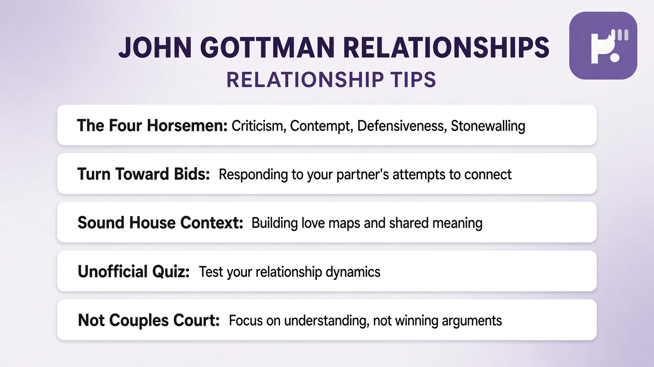 Gottman tips: Horsemen literacy; bids matter; Sound House layers; unofficial quiz; not therapy cosplay