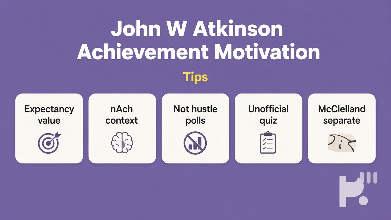 Atkinson tips: nAch literacy; expectancy not hustle rank; hope vs fear; unofficial quiz; no leaderboard cosplay