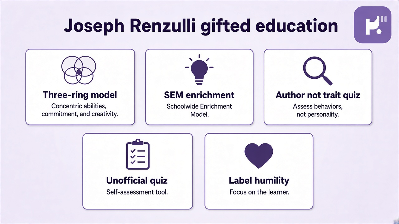 Renzulli tips: three rings; SEM literacy; label humility; unofficial quiz; not trait gifted screener