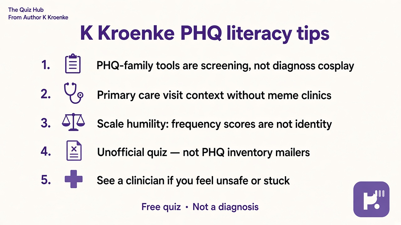 Kroenke tips: PHQ as screening not verdict; primary care context; scale humility; unofficial quiz; see clinician if unsafe