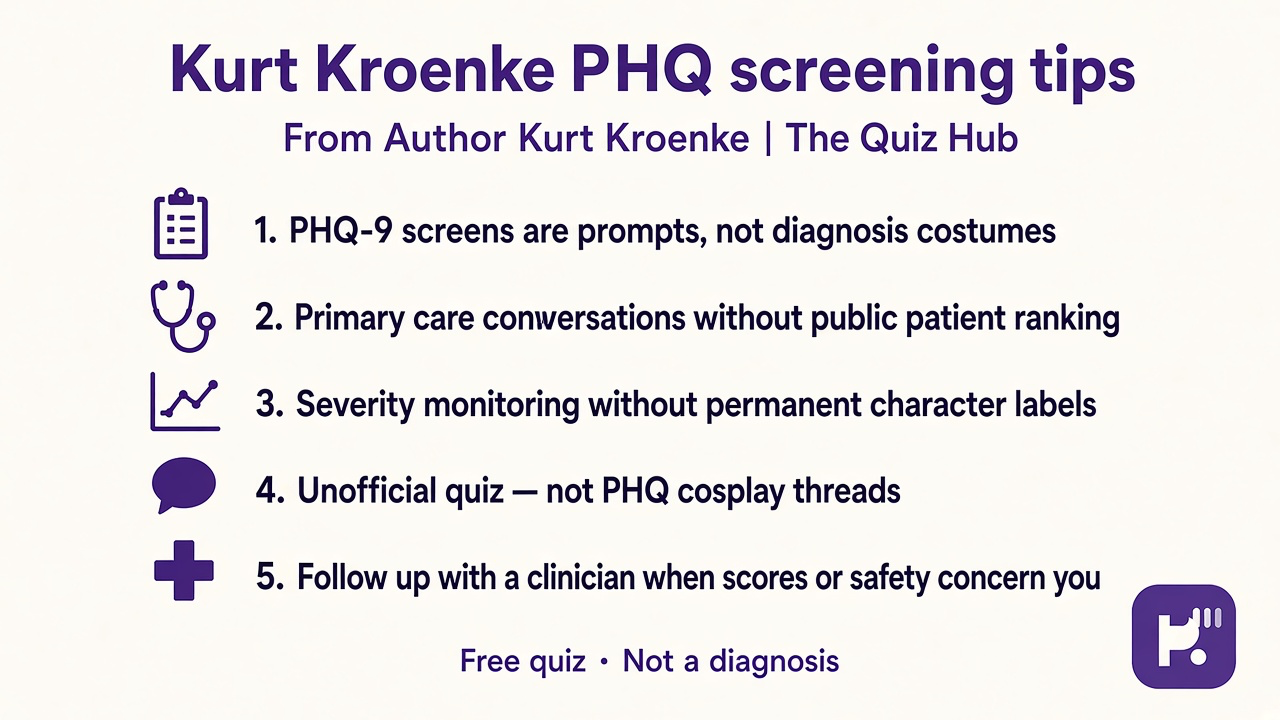 Kroenke tips: PHQ literacy; screen not shame; follow-up matters; unofficial quiz; clinician for scores