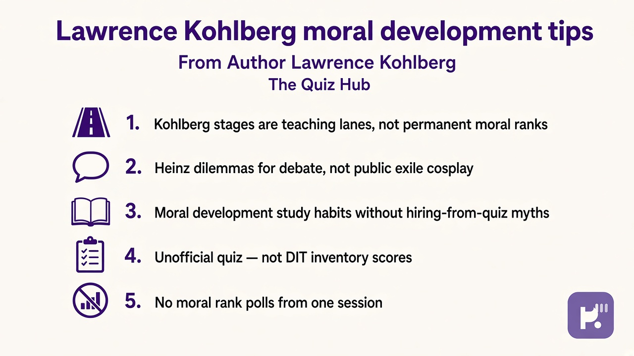 Kohlberg tips: stage lanes; Heinz as teaching; DIT as research; unofficial quiz; no moral rank polls