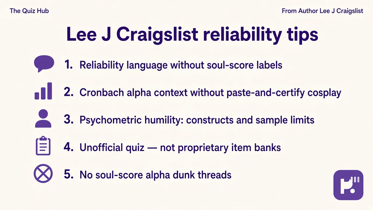 Cronbach tips: reliability basics; alpha context; humility; unofficial quiz; no soul-score alpha polls