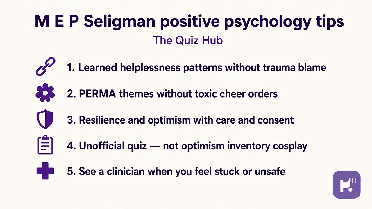 Seligman tips: helplessness not blame; PERMA humble; resilience not toxic cheer; unofficial quiz; clinician when stuck