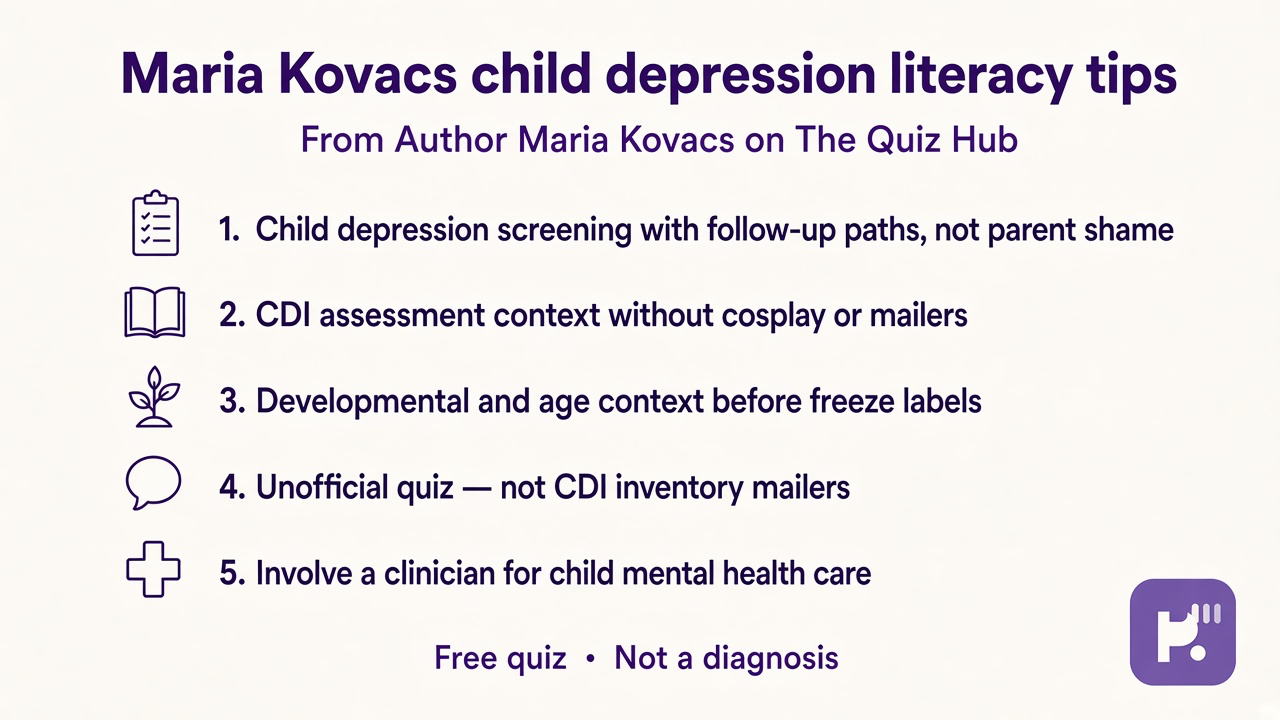 Kovacs tips: CDI in context; child not shame; developmental humility; unofficial quiz; clinician for care