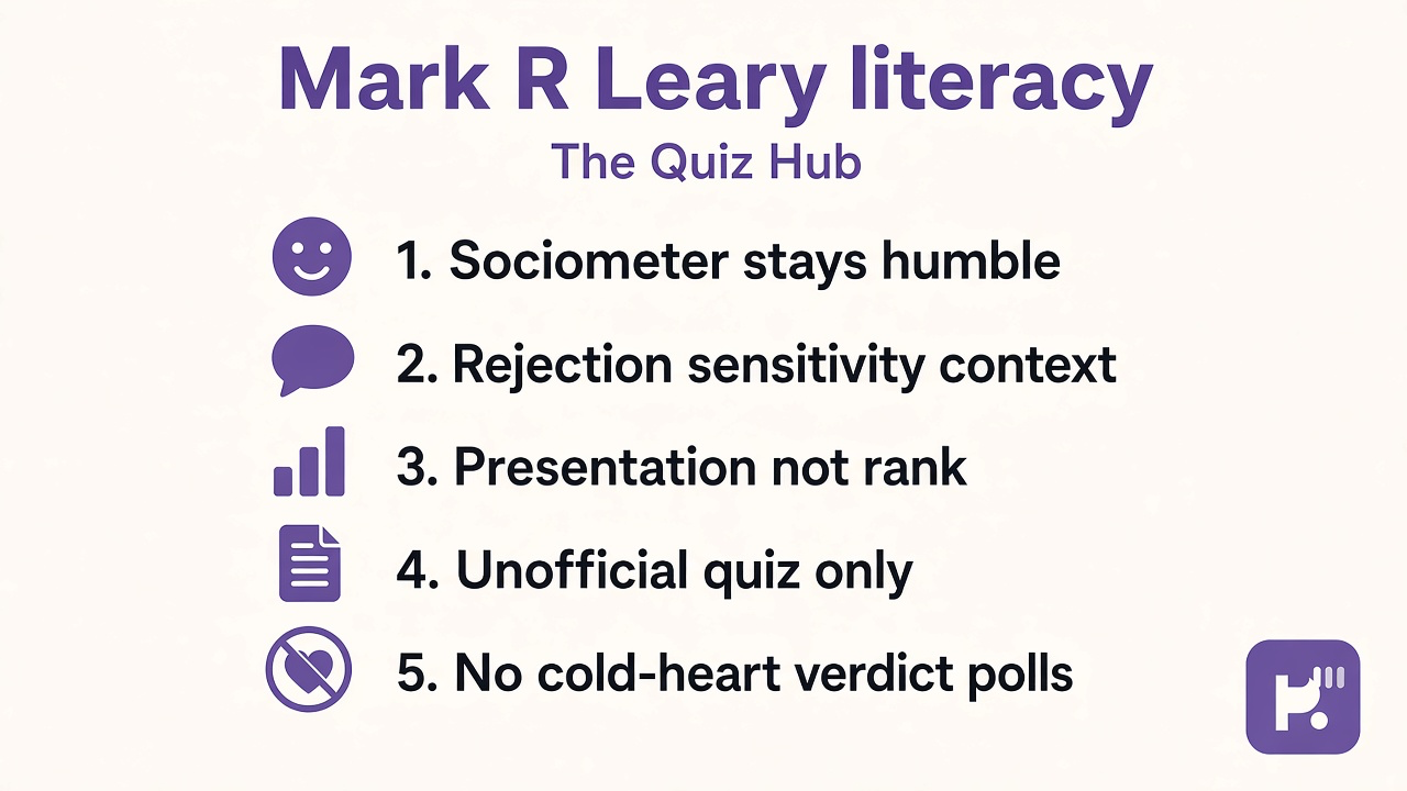 Leary tips: sociometer humble; rejection sensitivity; presentation not rank; unofficial quiz; no cold-heart polls