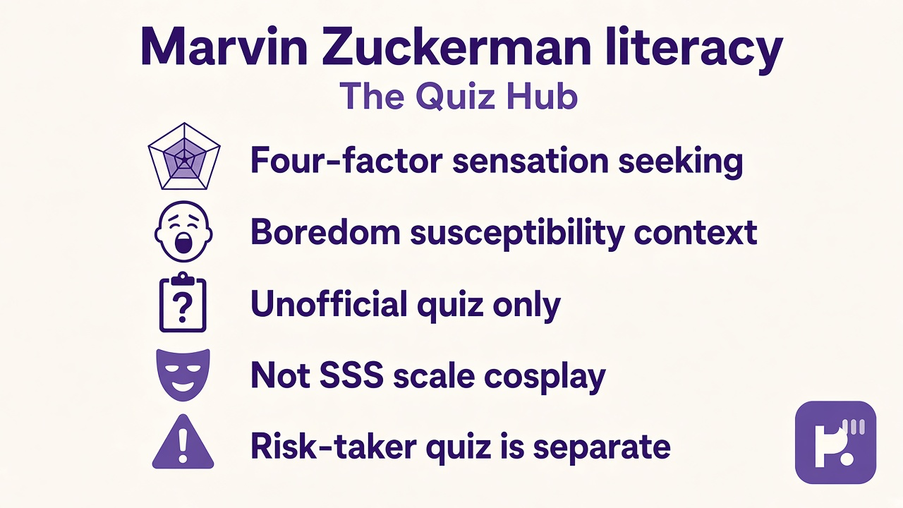Zuckerman tips: four-factor seeking; boredom susceptibility; unofficial quiz; not SSS cosplay; risk-taker sibling separate
