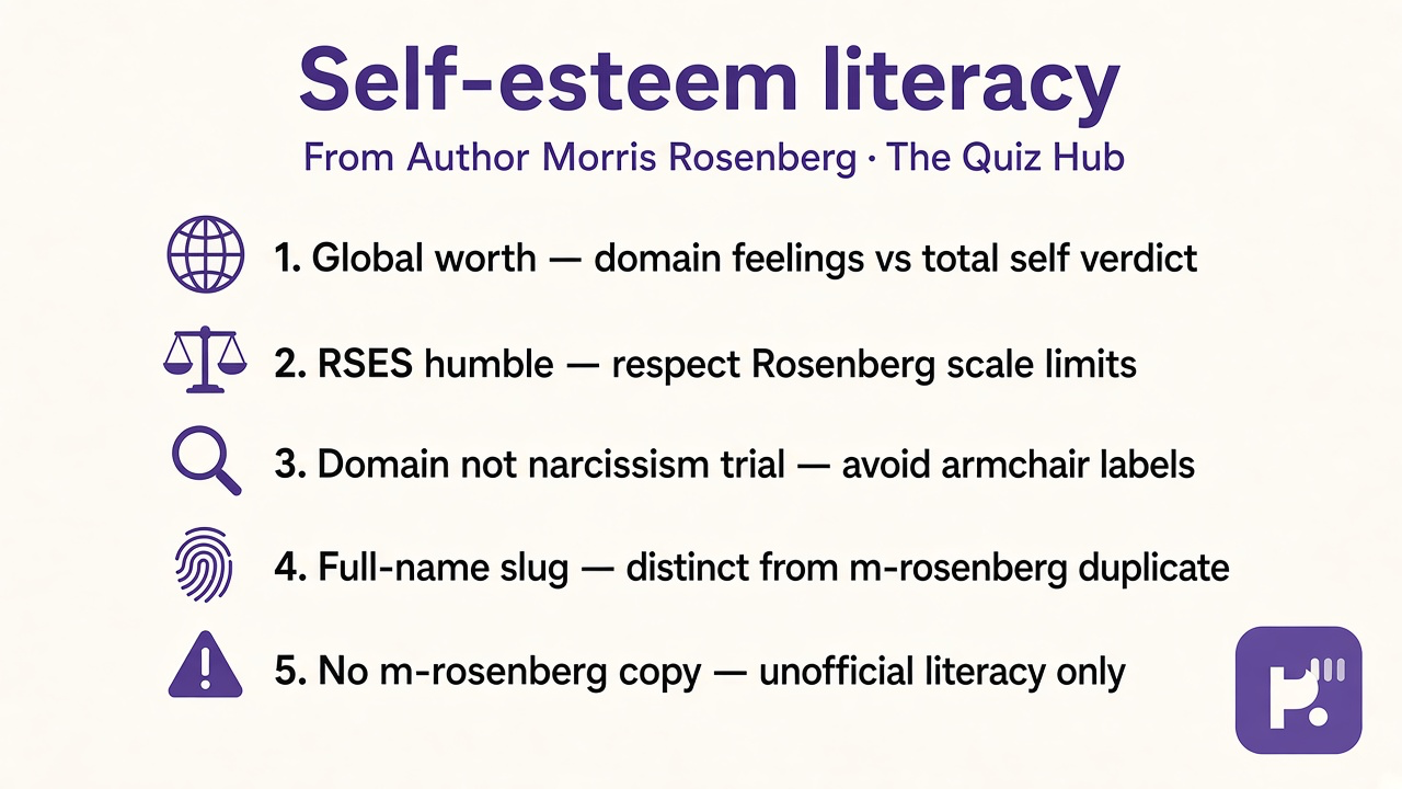 Morris Rosenberg tips: global worth; RSES humble; domain not narcissism trial; full-name slug; no m-rosenberg copy