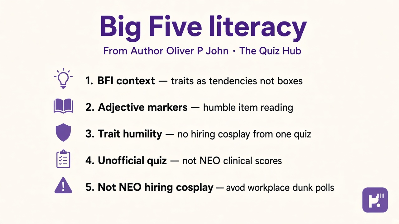 John tips: BFI context; adjective markers; trait humility; unofficial quiz; not NEO hiring cosplay