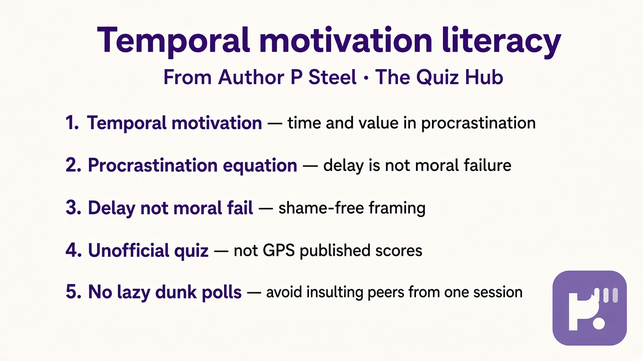 Steel tips: temporal motivation; procrastination equation; delay not moral fail; unofficial quiz; no lazy dunk polls