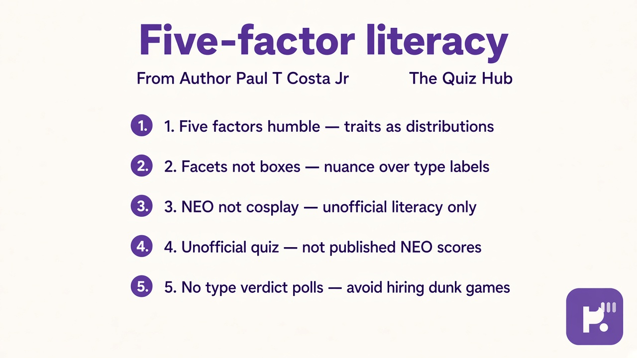 Costa tips: five factors humble; facets not boxes; NEO not cosplay; unofficial quiz; no type verdict polls
