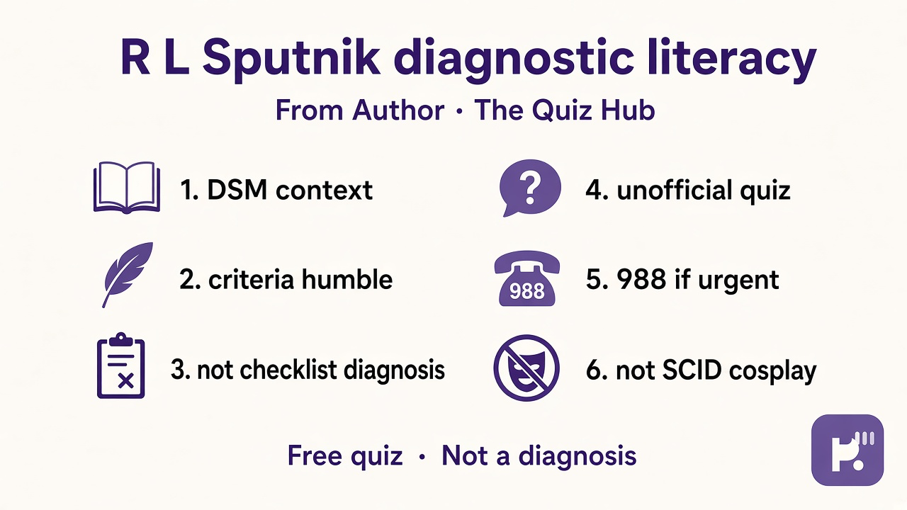 Spitzer tips: DSM context; criteria humble; not checklist diagnosis; unofficial quiz; 988 if urgent; not SCID cosplay