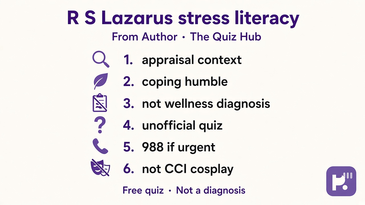 Lazarus tips: appraisal context; coping humble; not wellness diagnosis; unofficial quiz; 988 if urgent; not CCI cosplay