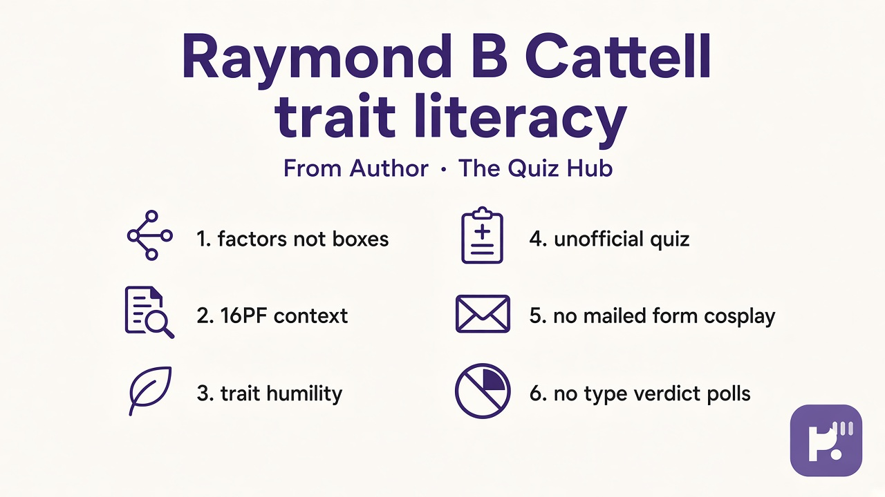Cattell tips: factors not boxes; 16PF context; trait humility; unofficial quiz; no mailed form cosplay; no type verdict polls