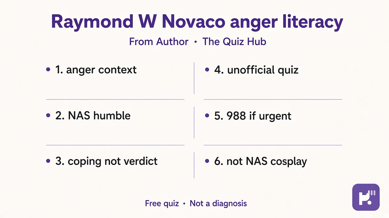 Novaco tips: anger context; NAS humble; coping not verdict; unofficial quiz; 988 if urgent; not NAS cosplay