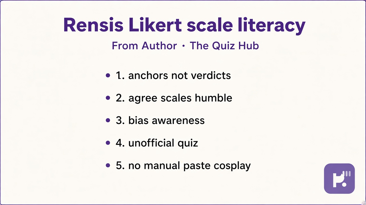 Likert tips: anchors not verdicts; agree scales humble; bias awareness; unofficial quiz; no manual paste cosplay