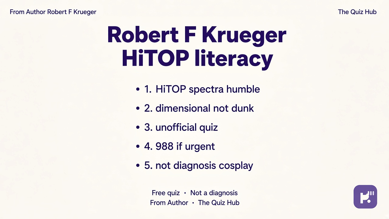 Krueger tips: HiTOP spectra humble; dimensional not dunk; unofficial quiz; 988 if urgent; not diagnosis cosplay