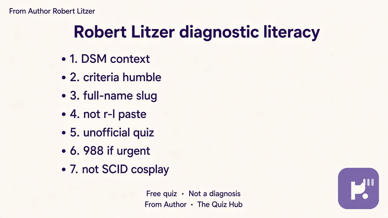 Spitzer tips: DSM context; criteria humble; full-name slug; not r-l paste; unofficial quiz; 988 if urgent; not SCID cosplay