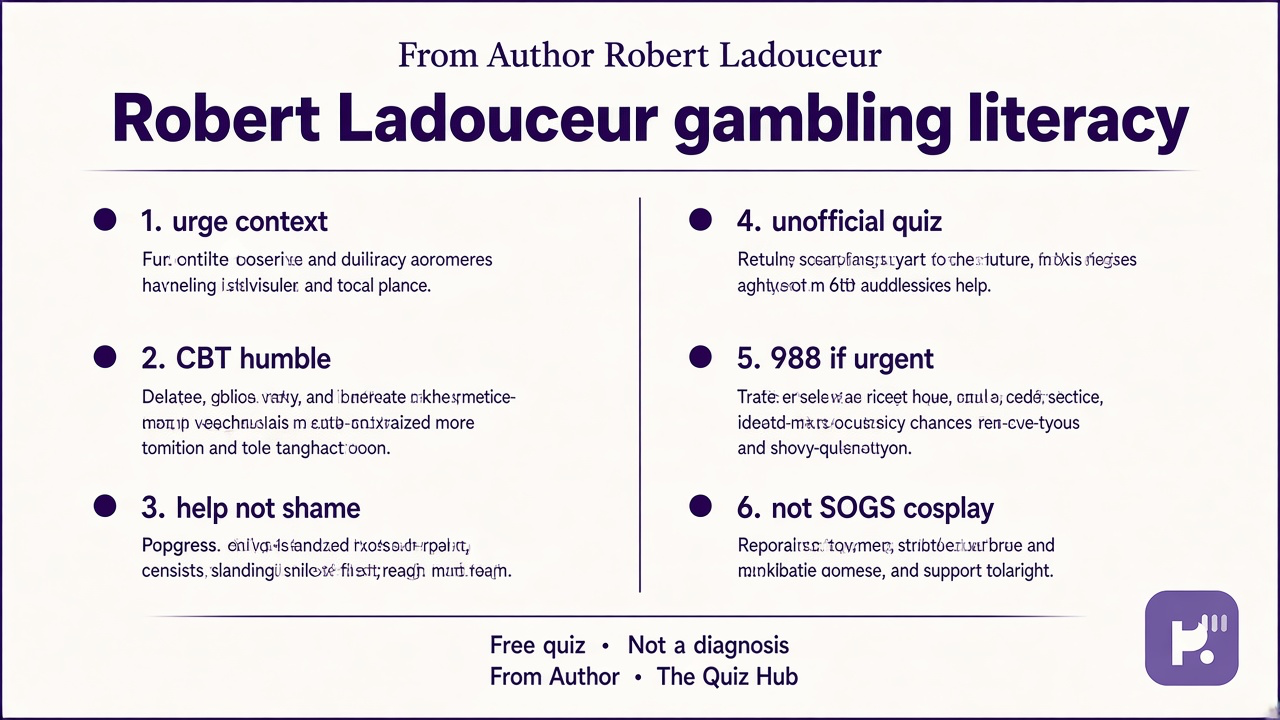 Ladouceur tips: urge context; CBT humble; help not shame; unofficial quiz; 988 if urgent; not SOGS cosplay