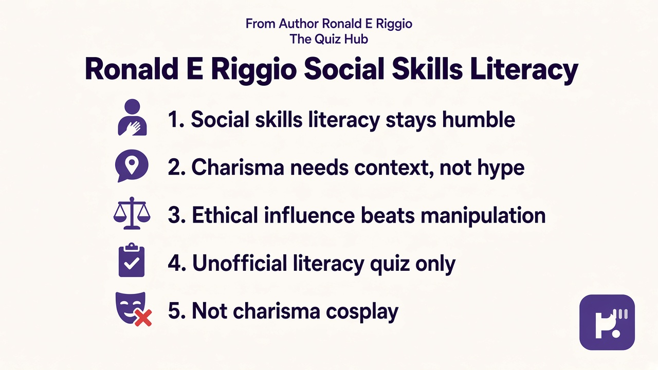 Riggio tips: social skills humble; charisma context; ethical influence; unofficial quiz; not charisma cosplay