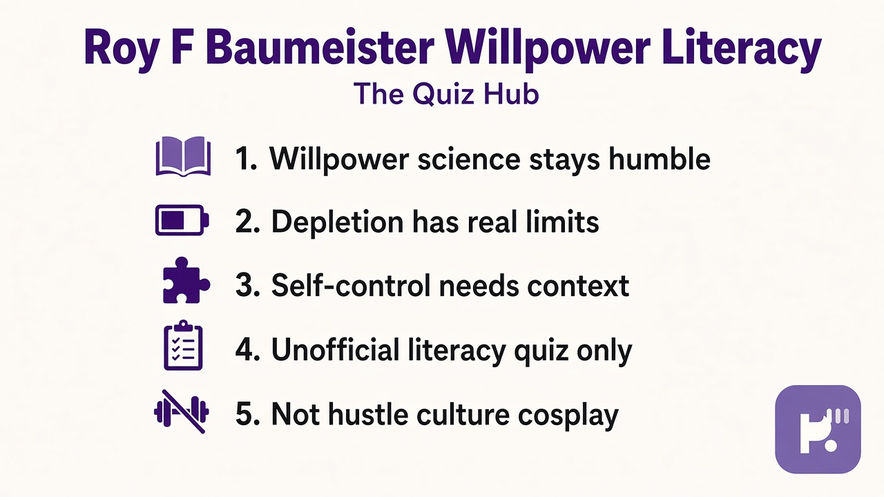 Baumeister tips: willpower humble; depletion limits; self-control context; unofficial quiz; not hustle cosplay