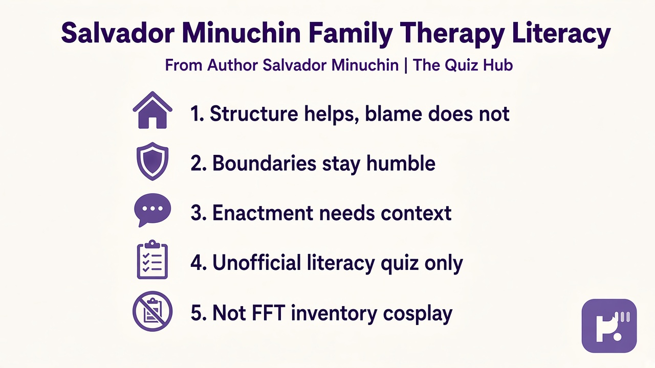 Minuchin tips: structure not blame; boundaries humble; enactment context; unofficial quiz; not FFT cosplay