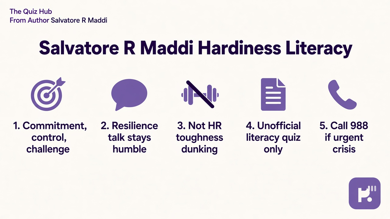 Maddi tips: commitment control challenge; resilience humble; not HR toughness dunk; unofficial quiz; 988 if urgent