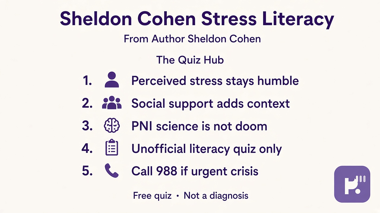 Cohen tips: perceived stress humble; support context; PNI not doom; unofficial quiz; 988 if urgent; not PSS cosplay