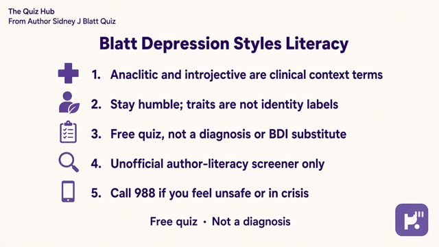 Blatt tips: anaclitic-introjective context; clinical humble; not diagnosis; unofficial quiz; 988 if urgent; not BDI cosplay