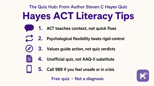 Hayes tips: ACT context; flexibility humble; values not verdict; unofficial quiz; 988 if urgent; not AAQ cosplay