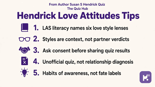 Hendrick tips: LAS literacy; six styles context; consent before sharing; unofficial quiz; not partner verdict