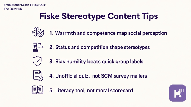 Fiske tips: warmth competence map; status context; bias humility; unofficial quiz; not SCM mailers