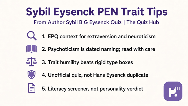 Sybil Eysenck tips: EPQ context; psychoticism naming; trait humility; unofficial quiz; not Hans duplicate