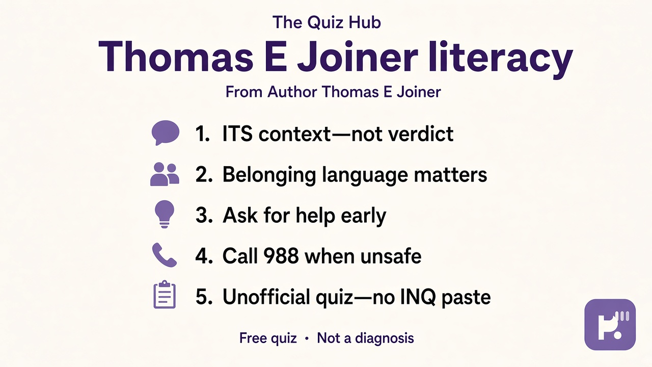 Joiner tips: ITS context not verdict; belonging language; ask for help; 988 when unsafe; unofficial quiz; no INQ paste