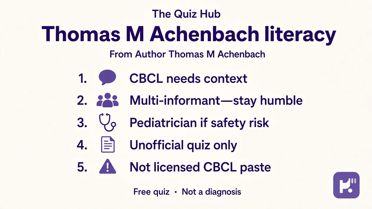 Achenbach tips: CBCL context; multi-informant humble; pediatrician if safety; unofficial quiz; not licensed CBCL paste