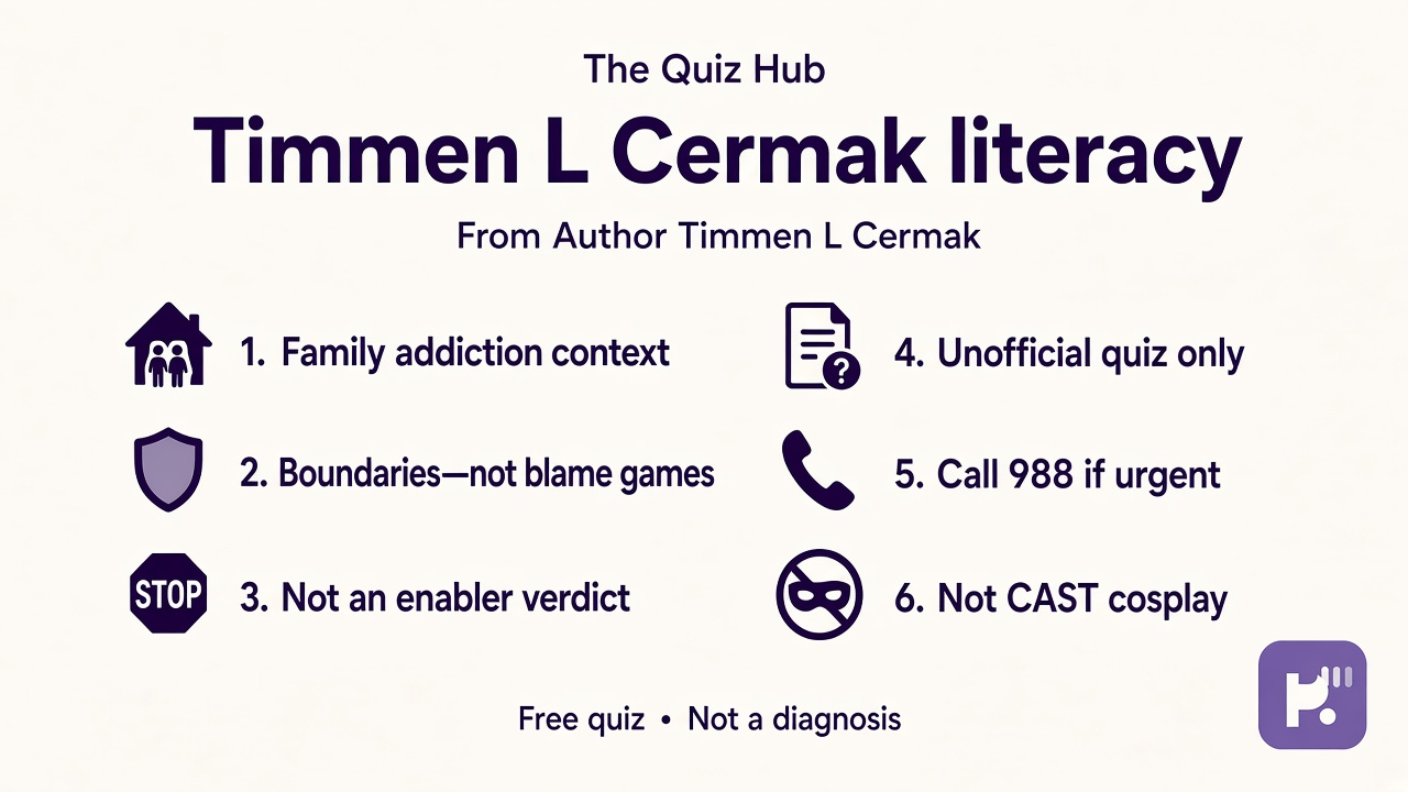 Cermak tips: family context; boundary humble; not enabler verdict; unofficial quiz; 988 if urgent; not CAST cosplay