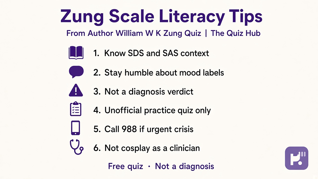 Zung tips: SDS SAS context; mood humble; not diagnosis verdict; unofficial quiz; 988 if urgent; not scale cosplay
