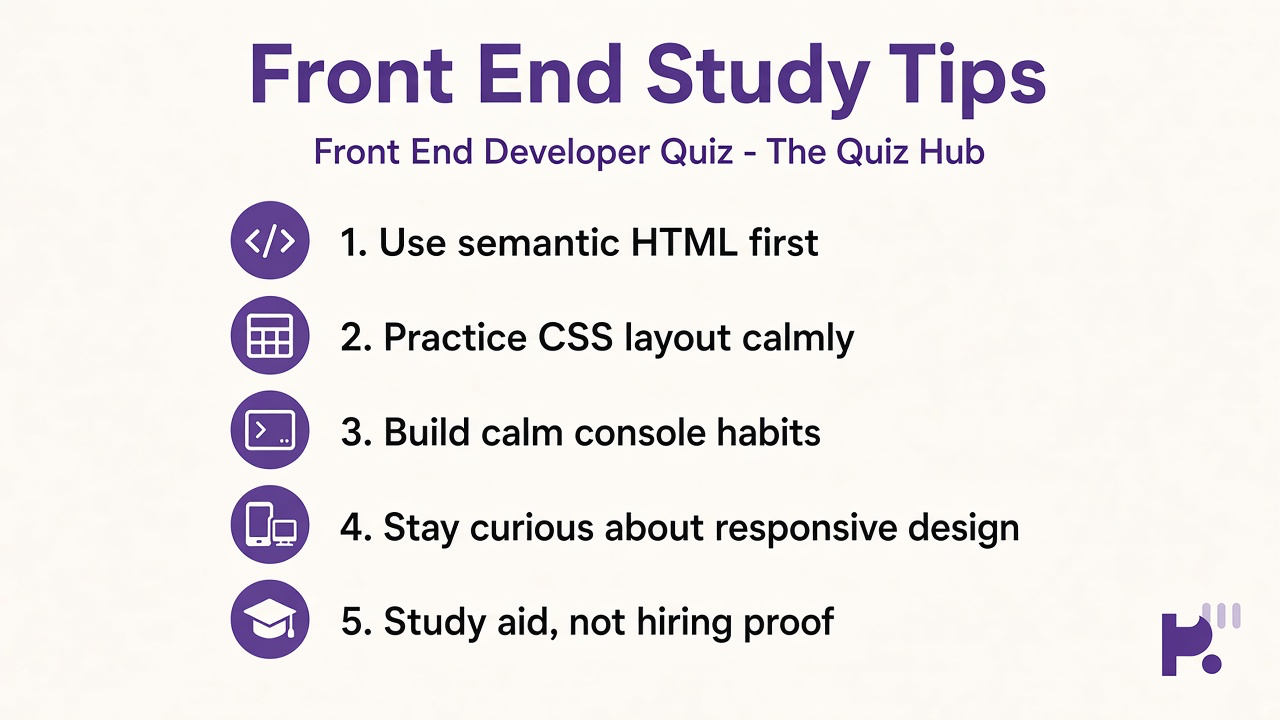 Front end quiz tips: semantic HTML, CSS layout, calm console habits, responsive curiosity, study aid not hiring proof