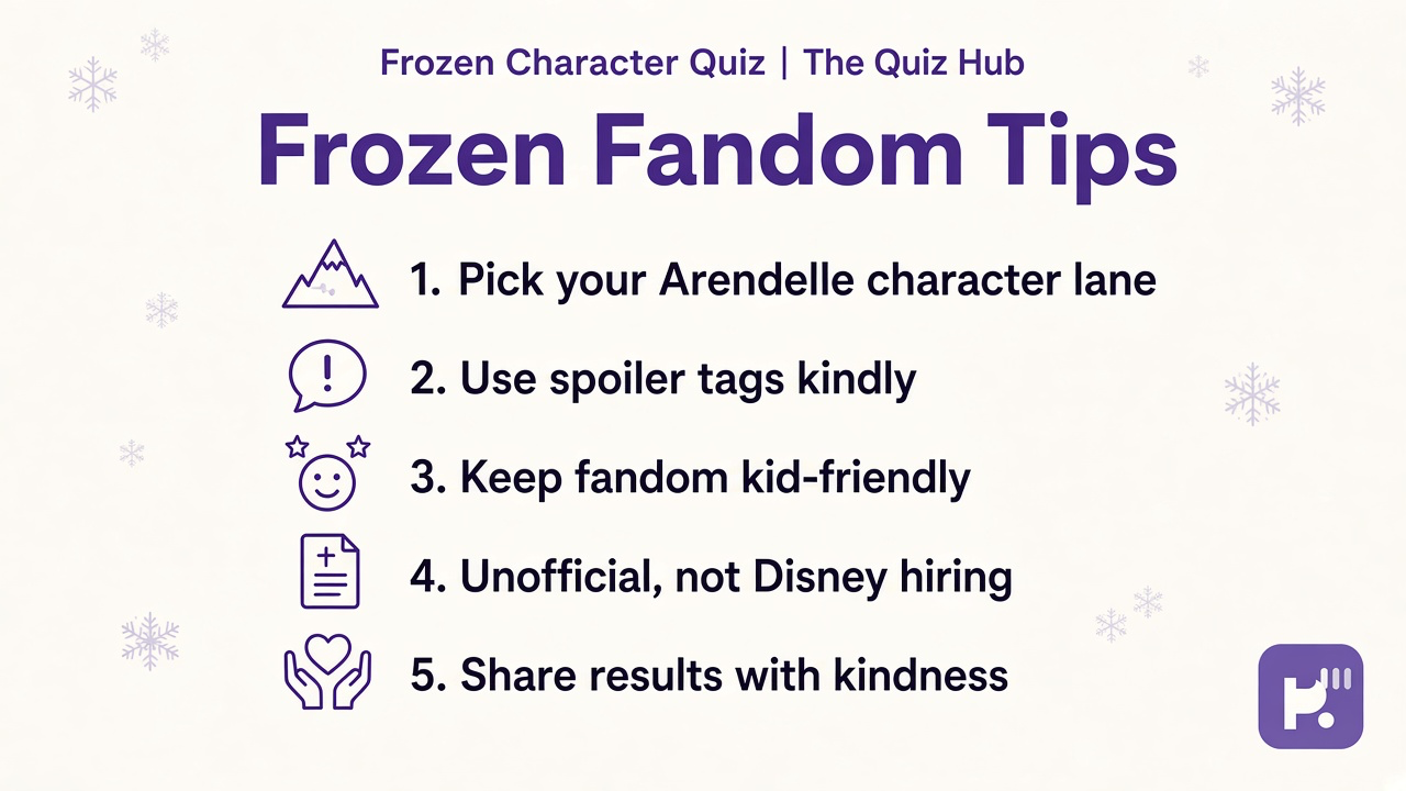 Frozen character quiz tips: Arendelle lanes; spoiler tags; kid-kind fandom; unofficial not Disney hiring; kind shares