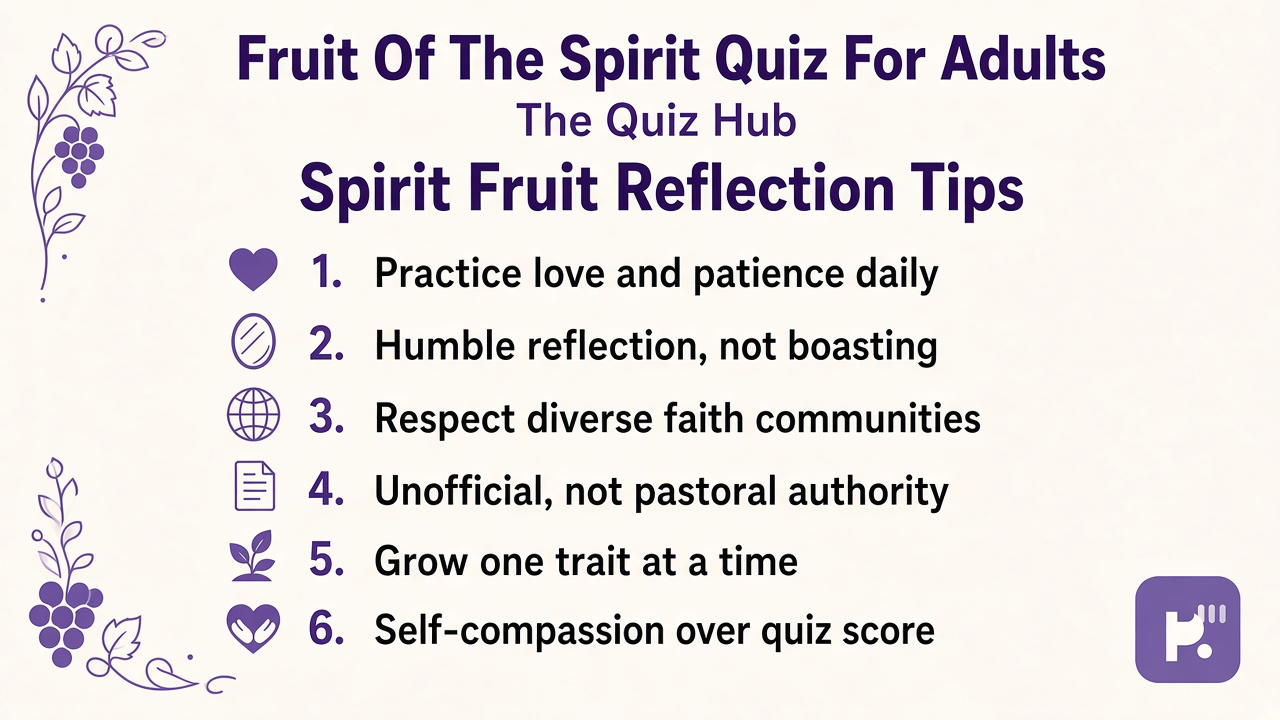 Spirit fruit quiz tips: love and patience, humble reflection, respect communities, unofficial not pastoral license