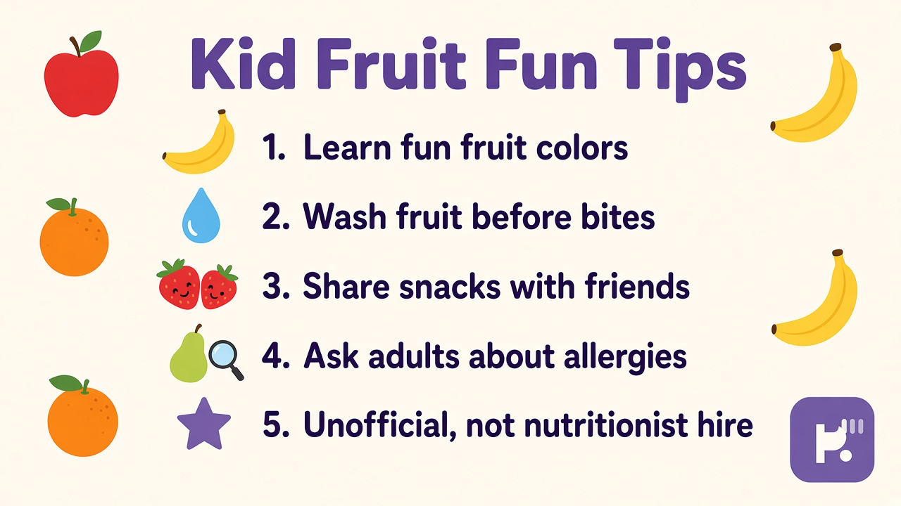 Fruit quiz for kids tips: fun colors; wash fruit; share snacks; allergy awareness; unofficial not nutritionist hire