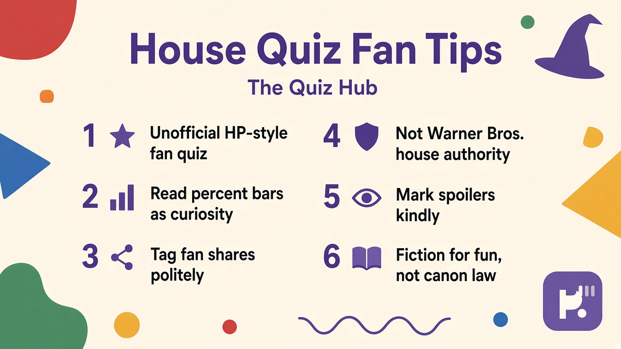 Pottermore style tips: unofficial HP quiz; read percent bars; tag fan shares; not Warner Bros. house authority