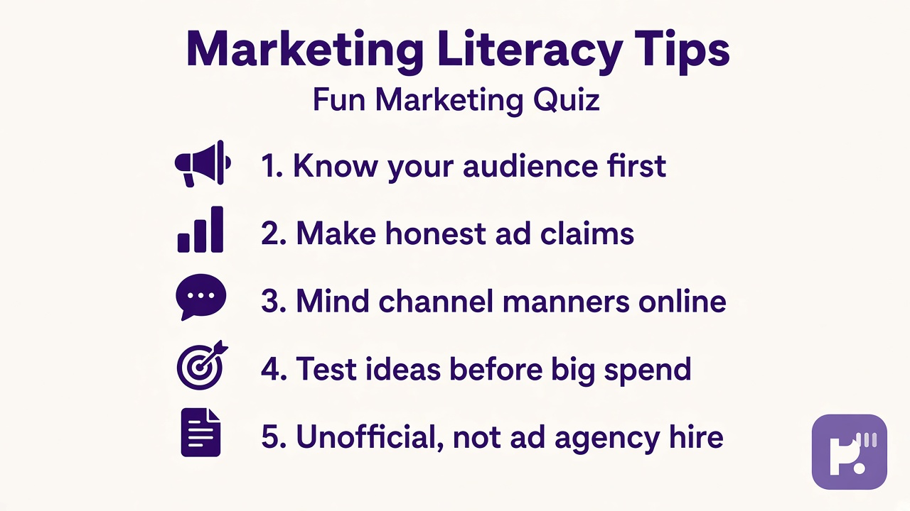 Fun marketing quiz tips: know your audience; honest claims; channel manners; unofficial not ad agency hire