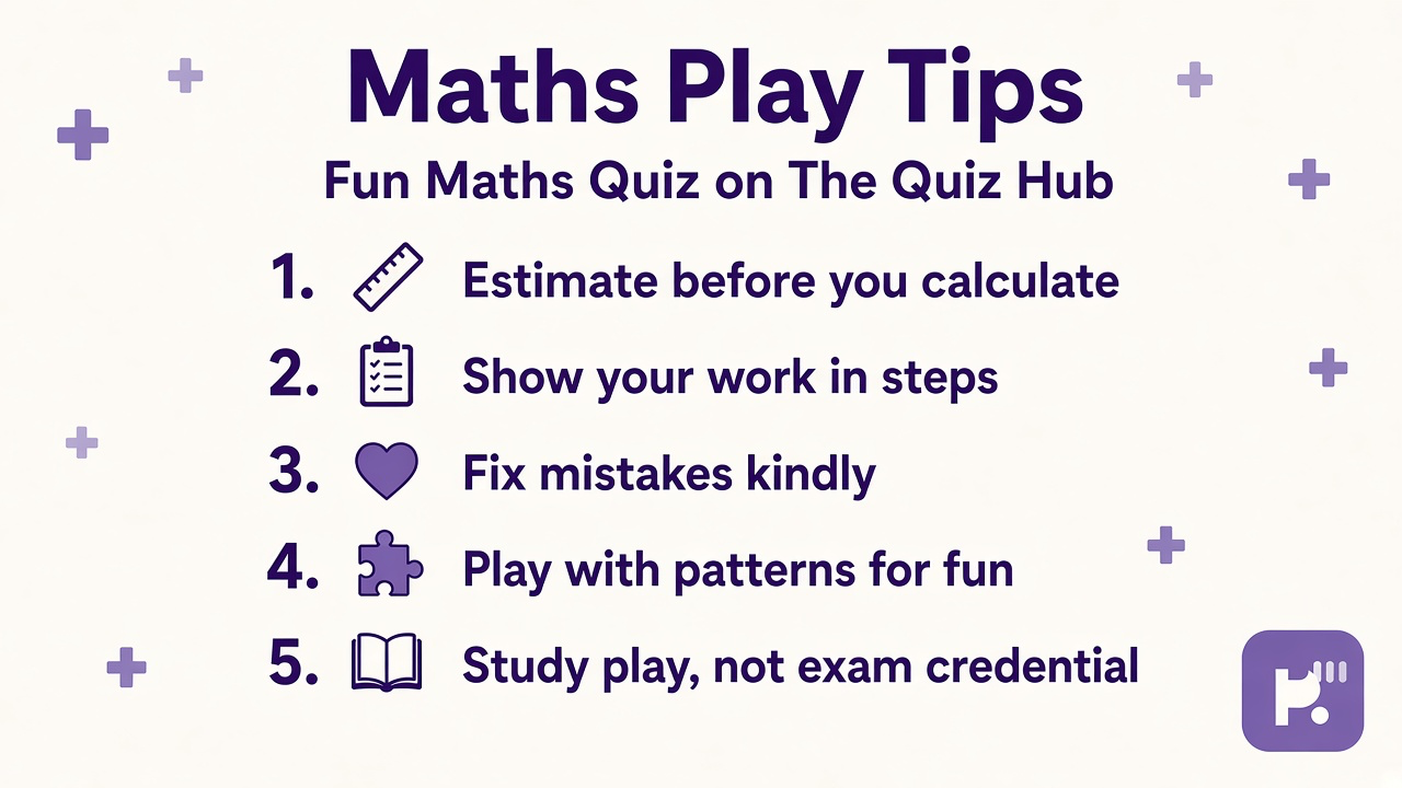Fun maths quiz tips: estimate first; show steps; fix mistakes kindly; study play not exam credential