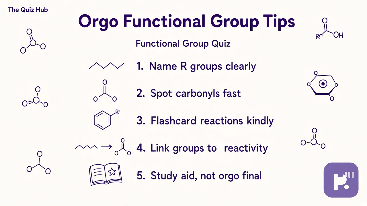 Functional group quiz tips: name R groups; spot carbonyls; flashcard kindly; study aid not orgo final
